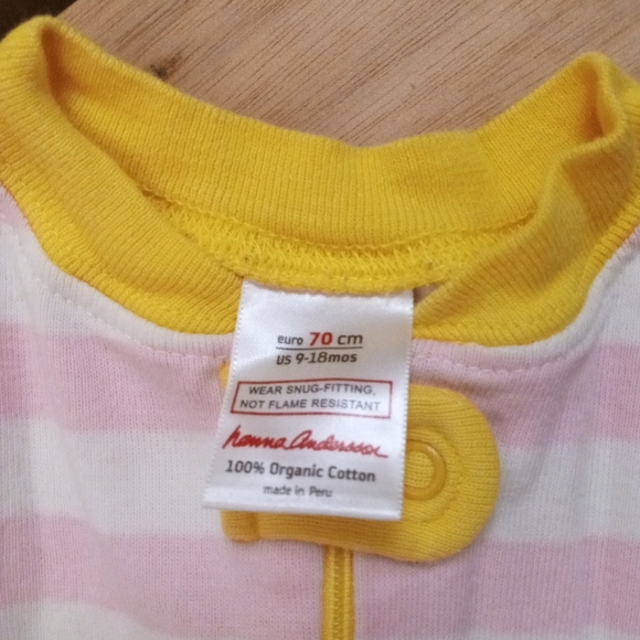 9-18m Hanna Andersson Pink and White Striped with Yellow Trim Onesie 100%O-C - Picture 3 of 6